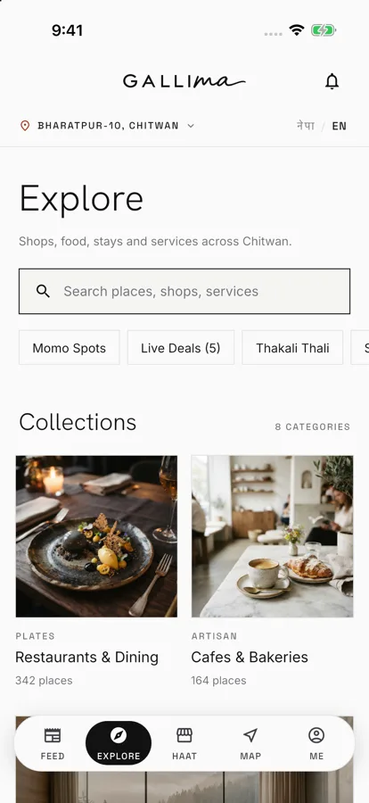 Gallima Explore: a search bar, quick chips like Momo Spots and Thakali Thali, and collections such as Restaurants and Cafés.
