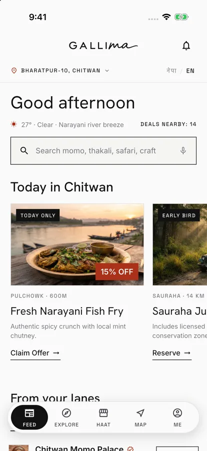 Gallima Feed: Good afternoon, Bharatpur-10, a search bar and today's deals such as a fish fry at Pulchowk, 15% off.