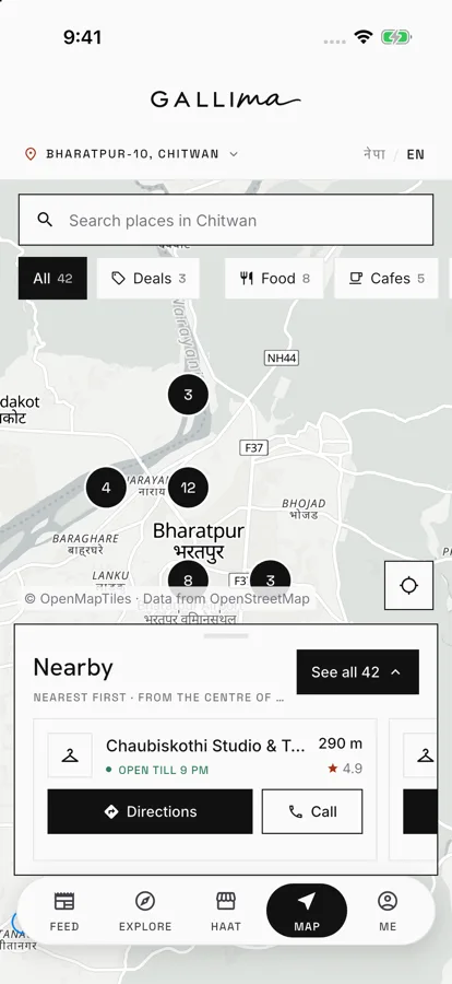 Gallima Map of Bharatpur with clusters of places, filter chips for Deals, Food and Cafés, and a Nearby sheet with Directions and Call.
