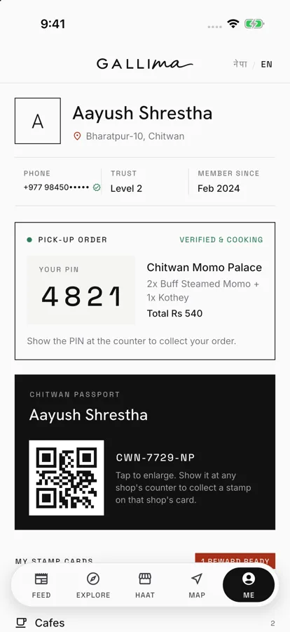Gallima Me: a pick-up order with the secret PIN 4821, and the Chitwan Passport with a QR code to collect stamps.